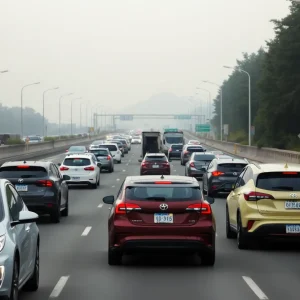 California highway with electric and traditional vehicles under a cloudy sky