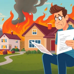 Illustration of California homes affected by wildfires and insurance concerns.