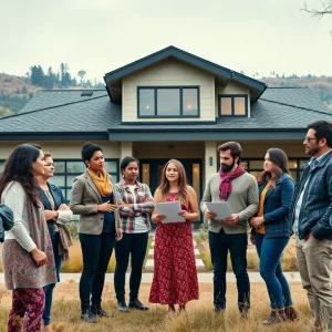 Homeowners in California discussing insurance options in front of wildfire-prone landscapes.