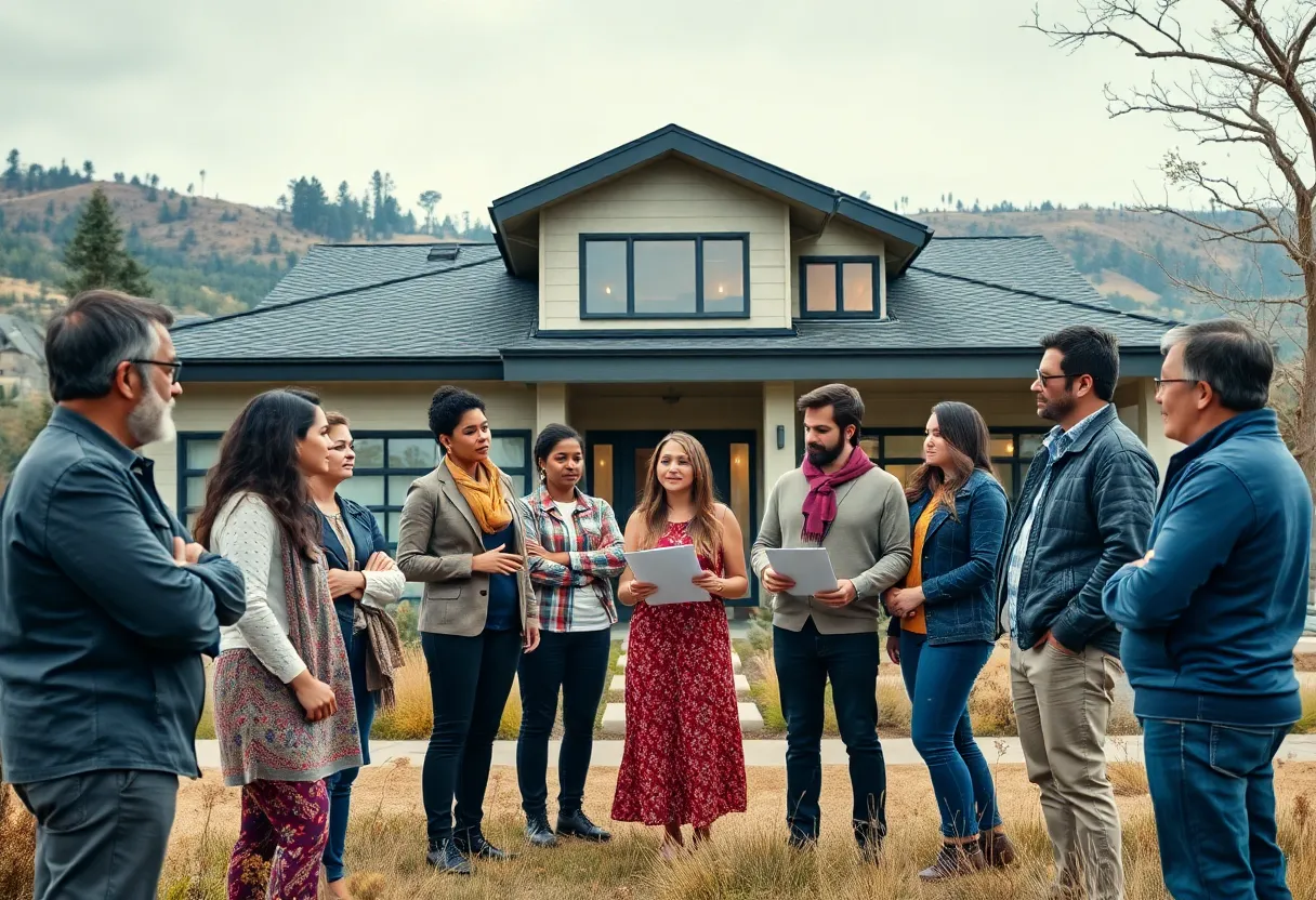 Homeowners in California discussing insurance options in front of wildfire-prone landscapes.