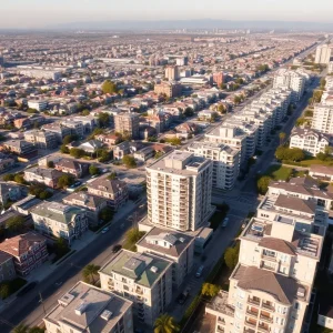 Aerial view of urban California apartment buildings illustrating the housing affordability crisis.