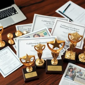 A collection of awards representing journalistic achievements at the California Journalism Awards 2024.