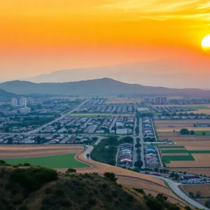A diverse California landscape with a sunset.