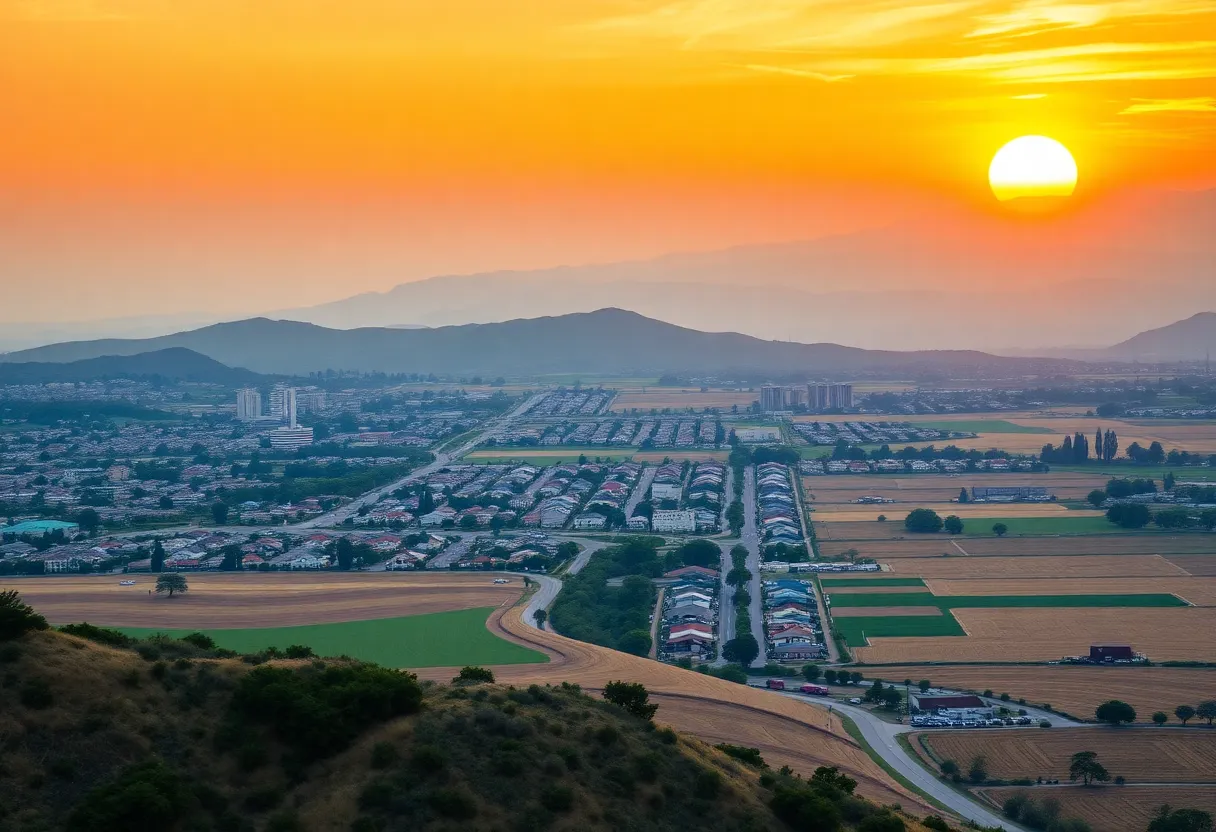 A diverse California landscape with a sunset.