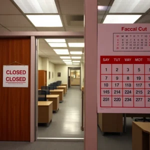 California state office building showing budget cut signs