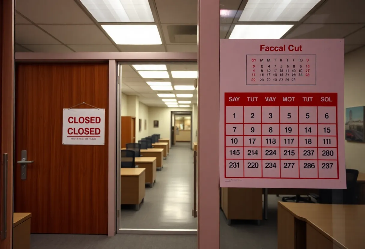 California state office building showing budget cut signs