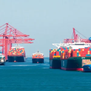 Busy California port with cargo ships representing trade activities.
