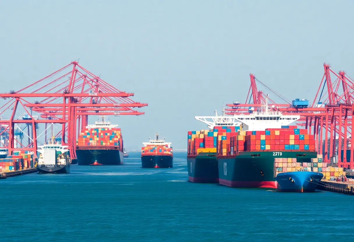 Busy California port with cargo ships representing trade activities.