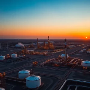 An aerial view of California oil refineries at sunset.