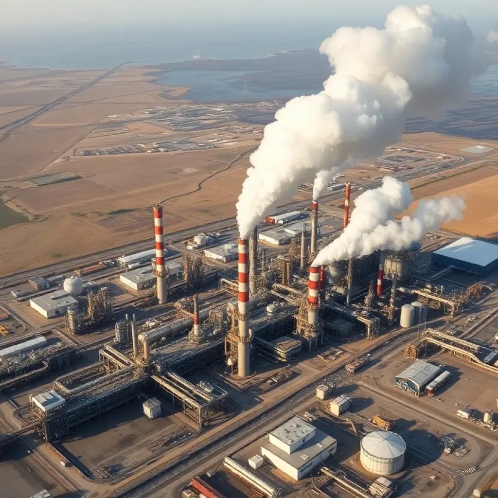 A California oil refinery in the Bay Area with billowing smoke.