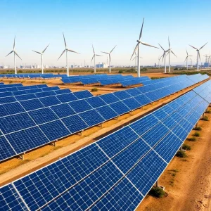 Wind and solar farm in California with gas power plants