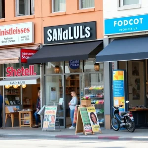 A diverse array of small businesses in California showcasing a lively commercial scene.