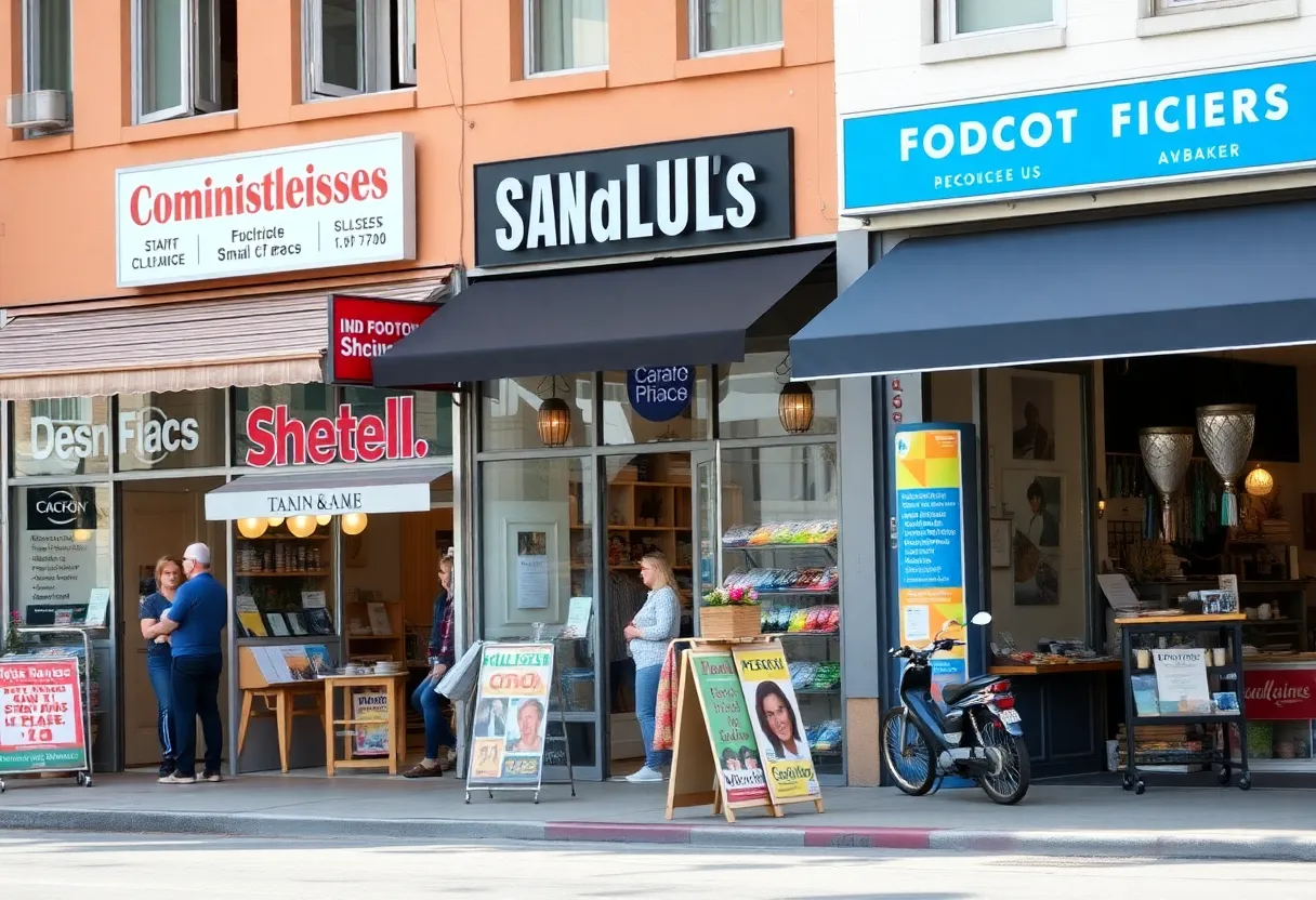 A diverse array of small businesses in California showcasing a lively commercial scene.