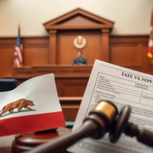 Courtroom scene depicting California tariffs dispute