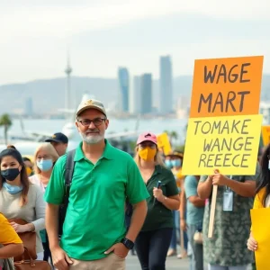 A group of California hospitality workers advocating for a wage increase in a busy tourism area.