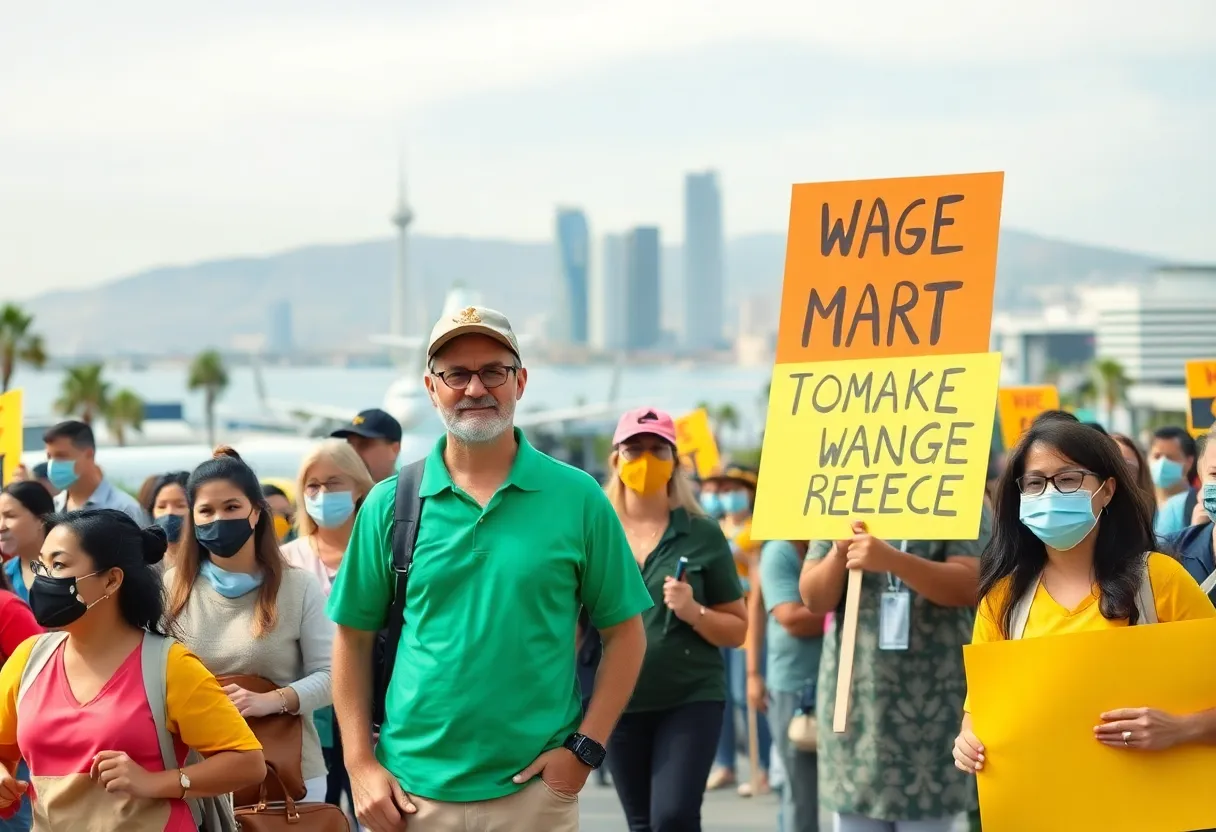 A group of California hospitality workers advocating for a wage increase in a busy tourism area.