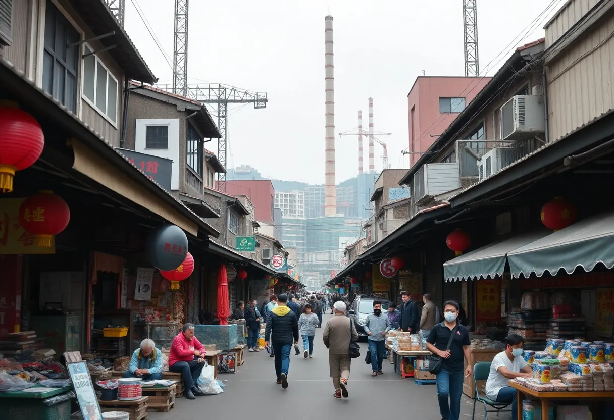 Market scene in China with retail shops and industrial buildings