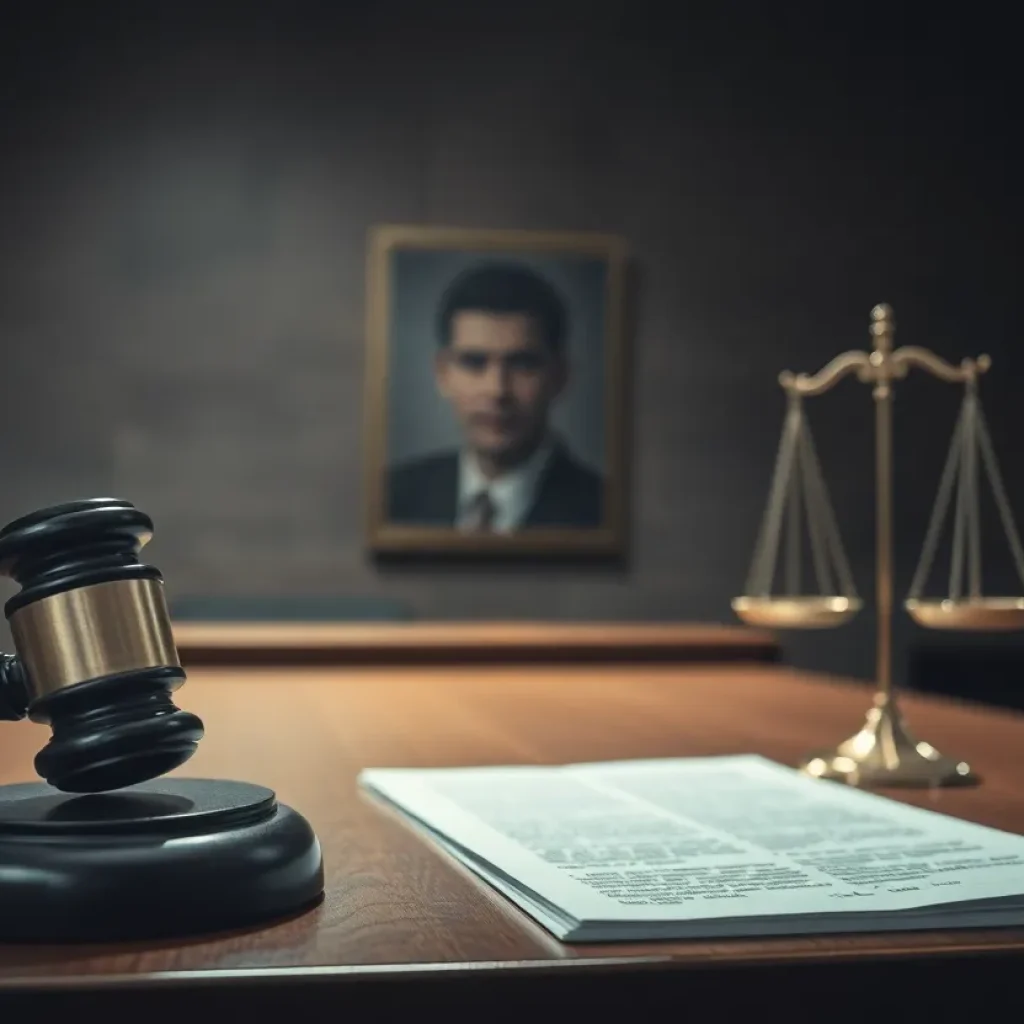 Courtroom illustration representing a cold case murder trial