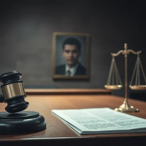 Courtroom illustration representing a cold case murder trial