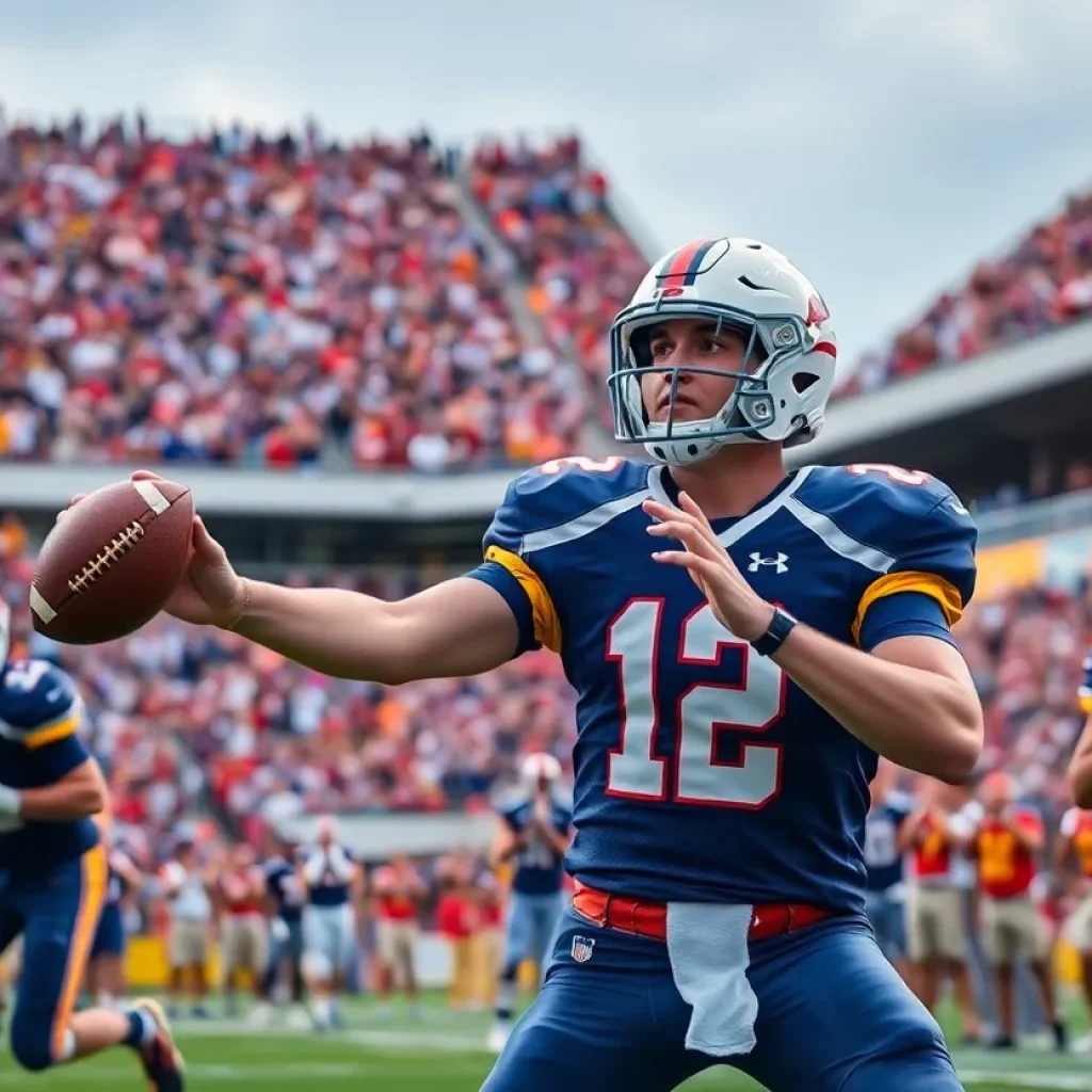 Quarterback in action during a college football spring showcase
