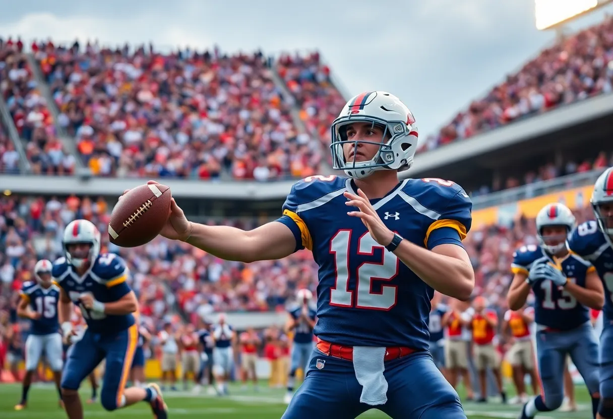 Quarterback in action during a college football spring showcase