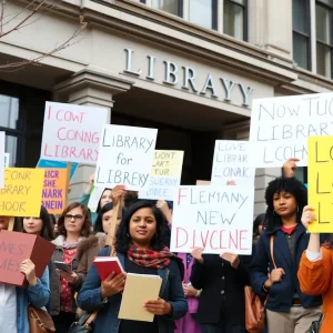 Activists rallying outside a library advocating for diverse content.
