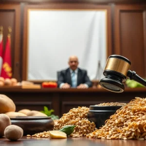 Courtroom scene depicting a judge's ruling on food safety regulations.