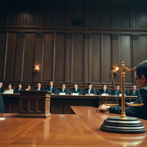Courtroom scene emphasizing justice in cryptocurrency fraud case.