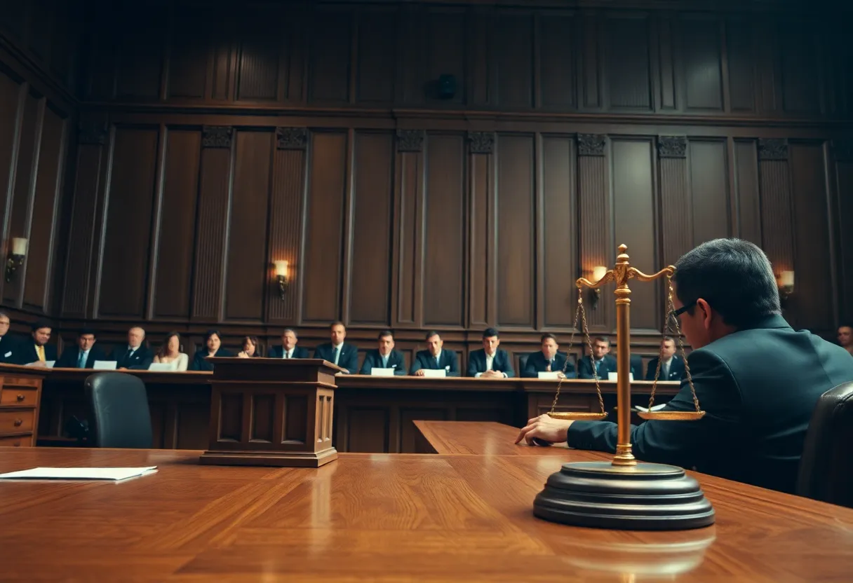 Courtroom scene emphasizing justice in cryptocurrency fraud case.