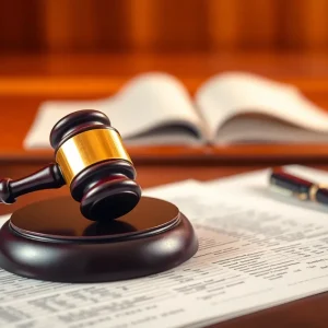 Abstract representation of a courtroom symbolizing legal challenges.