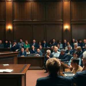 A courtroom filled with worried investors during a financial fraud trial.
