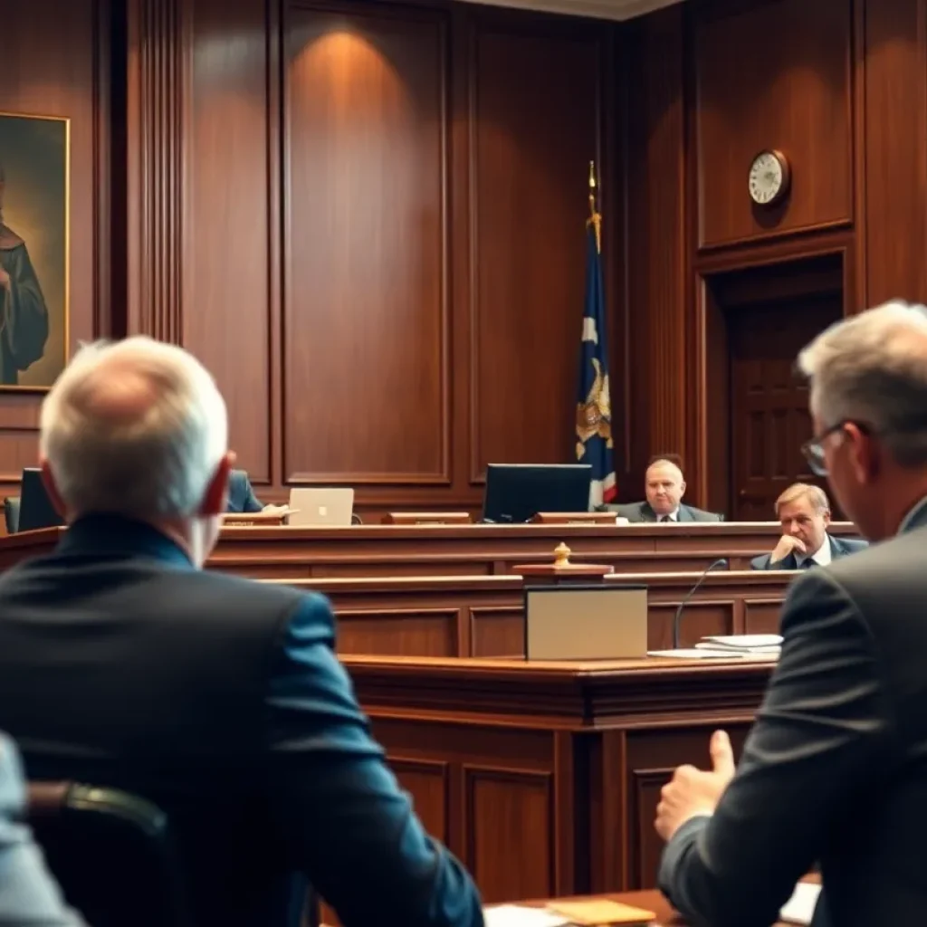 Courtroom scene with judge and lawyers