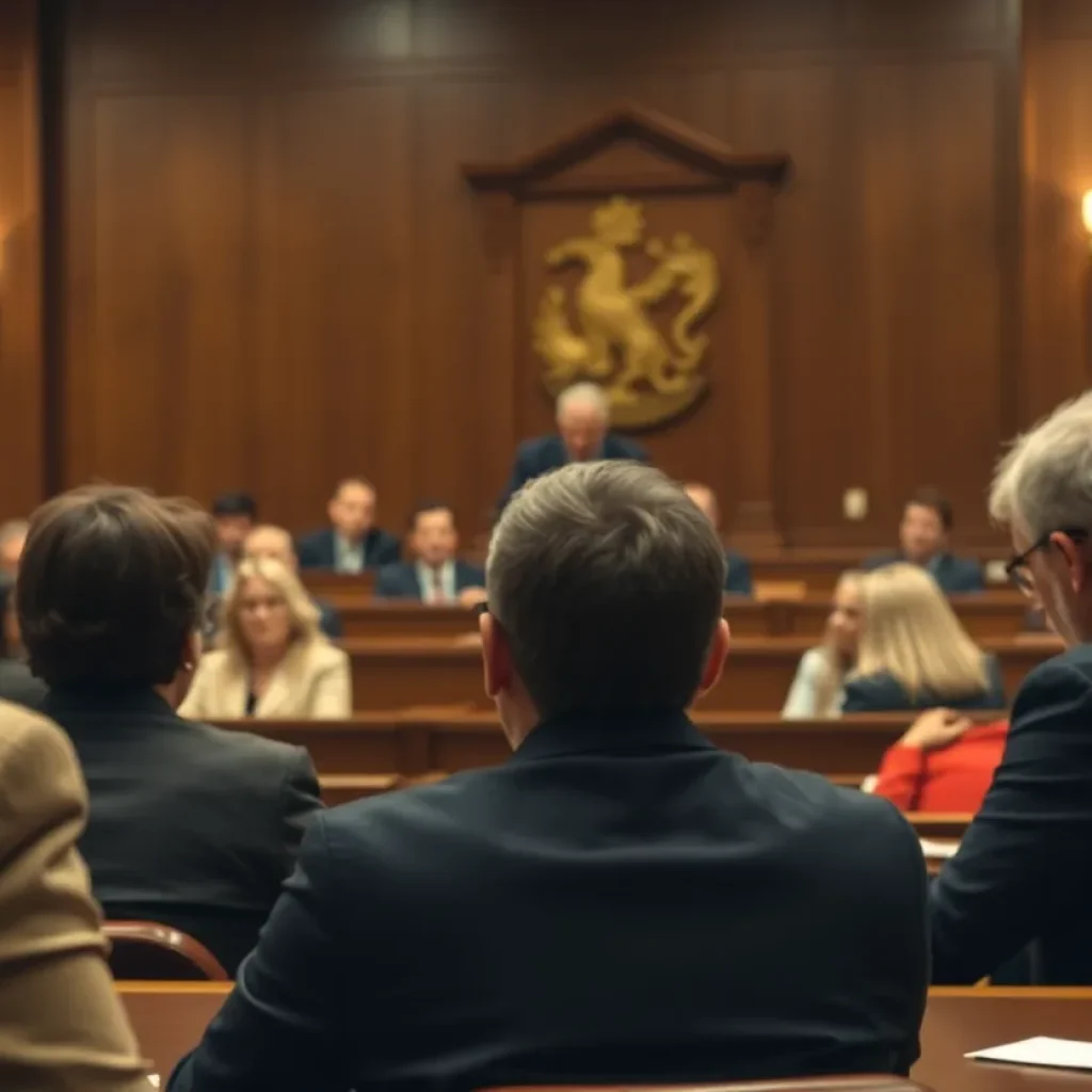 Dramatic courtroom scene during a high-profile trial