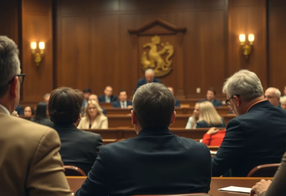 Dramatic courtroom scene during a high-profile trial