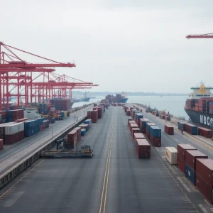 Empty cargo containers at a California port due to reduced shipping traffic