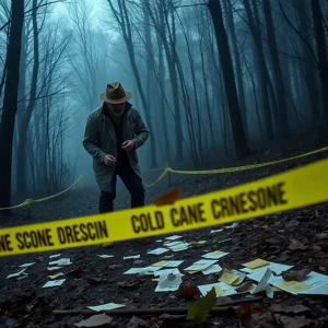 A detective investigating a cold case in a misty forest.
