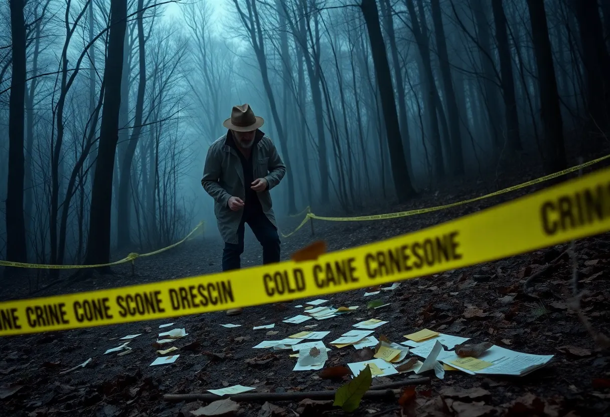 A detective investigating a cold case in a misty forest.