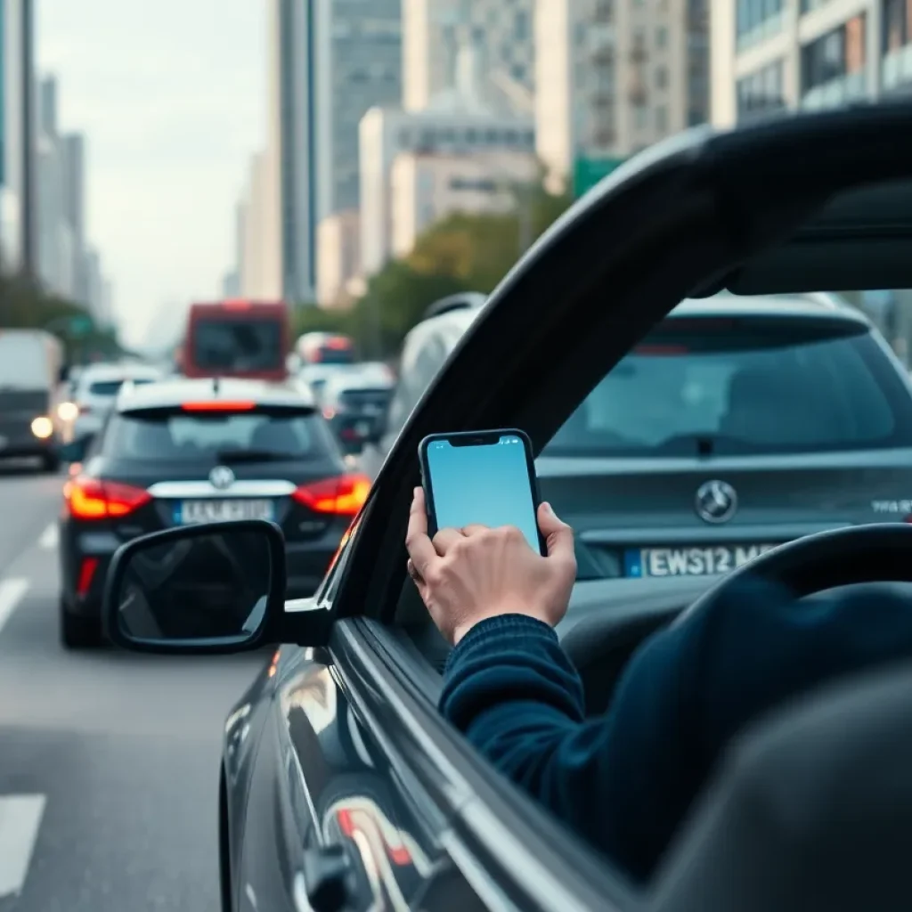 Vehicles on a busy road emphasizing distracted driving awareness