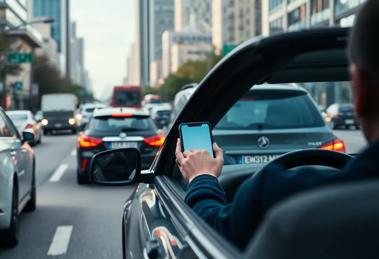 Vehicles on a busy road emphasizing distracted driving awareness