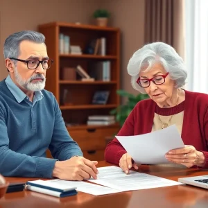 Concerned elderly couple with financial documents