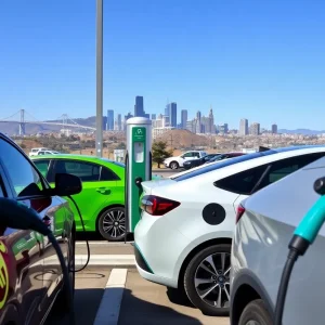 Electric vehicles charging in California with skyline
