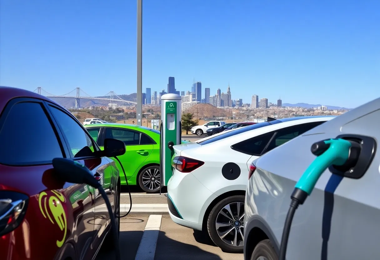 Electric vehicles charging in California with skyline