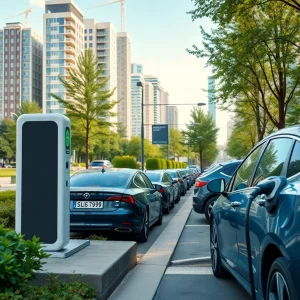 Electric vehicles charging in an urban setting with modern buildings.
