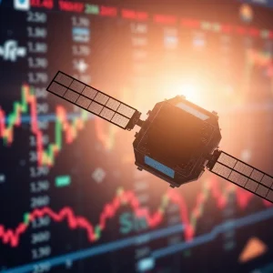 Abstract illustration depicting a satellite in orbit with economic market symbols.