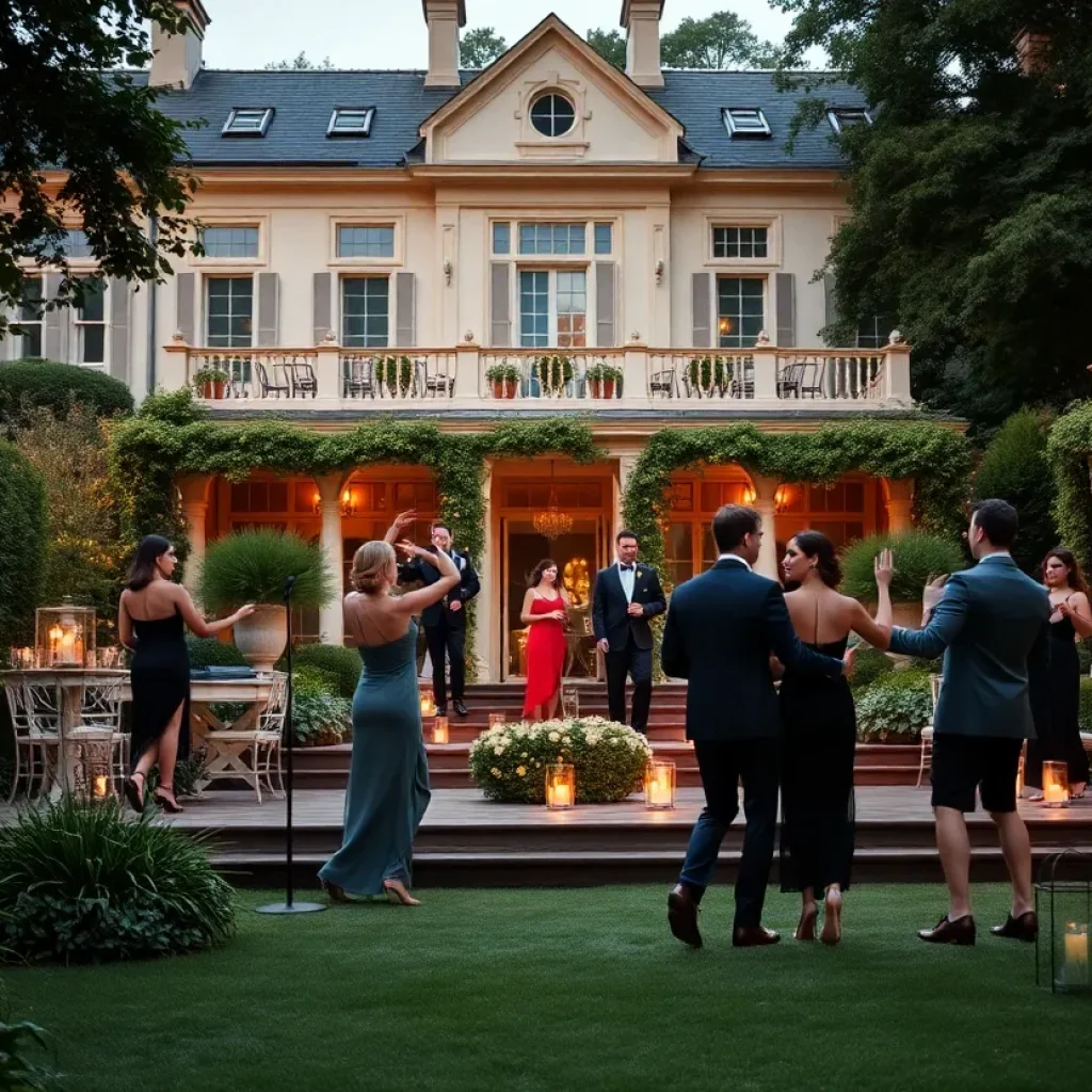 A dance performance scene inspired by Gatsby in an outdoor garden setting.