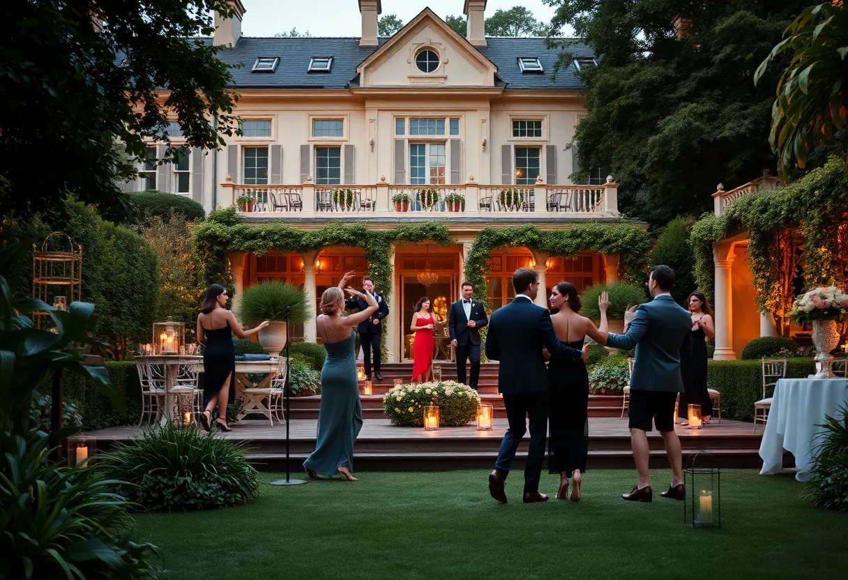 A dance performance scene inspired by Gatsby in an outdoor garden setting.