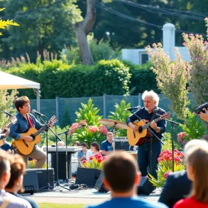 Outdoor concert featuring a musical ensemble in Beverly Cañon Gardens