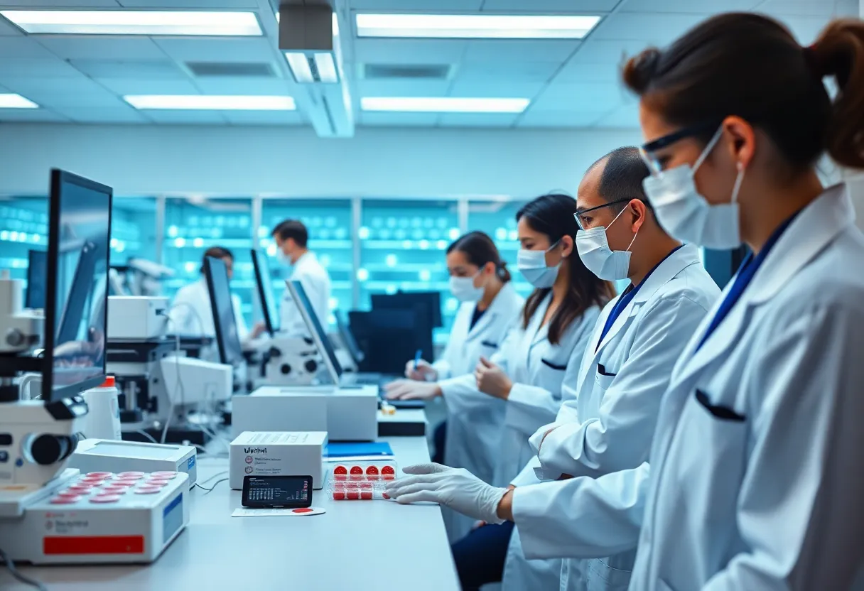 A laboratory team working on advanced blood testing technology