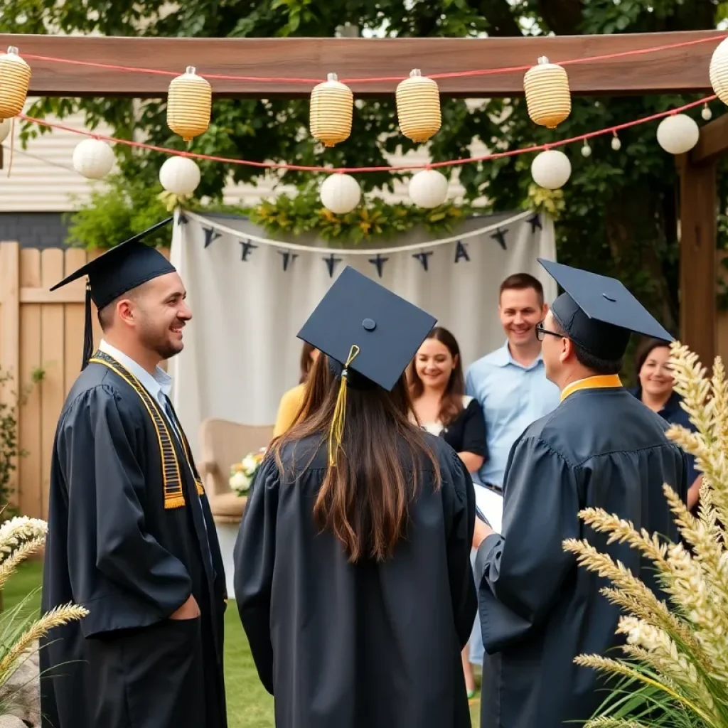 Backyard graduation ceremony celebrating Kim Kardashian's law school achievement.