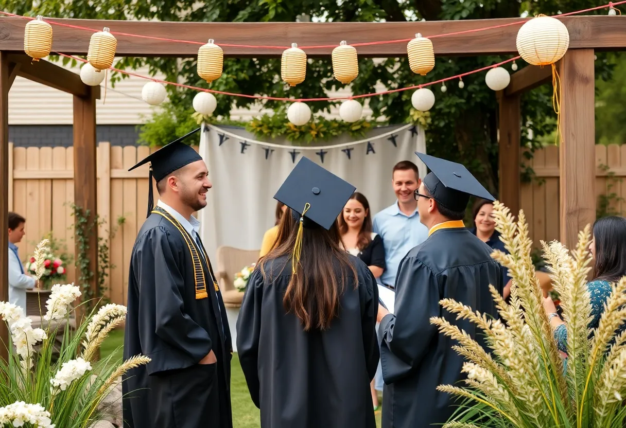 Backyard graduation ceremony celebrating Kim Kardashian's law school achievement.